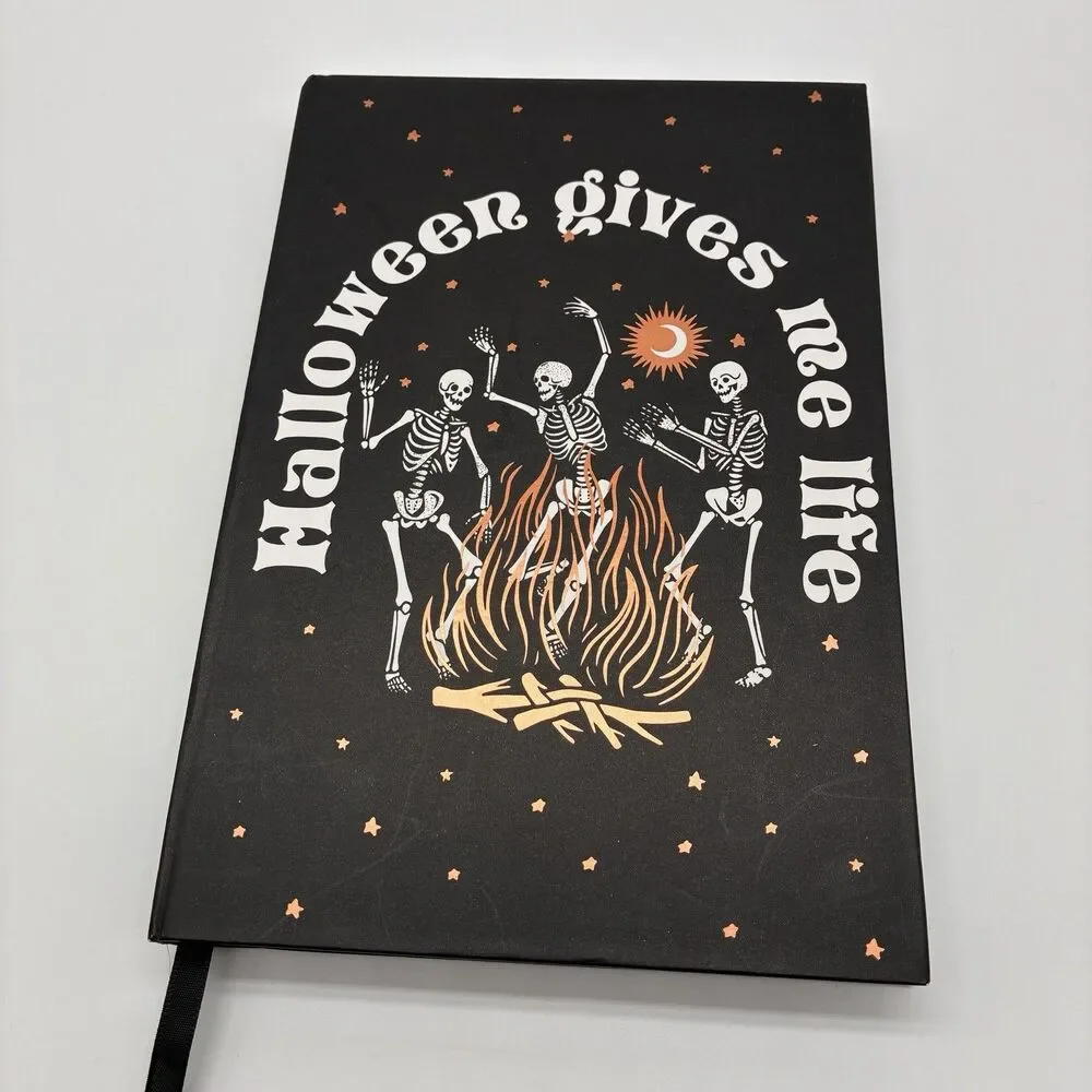 Halloween Journal W/Skeletons Dancing Around Fire w/ “Halloween Gives Me Life”